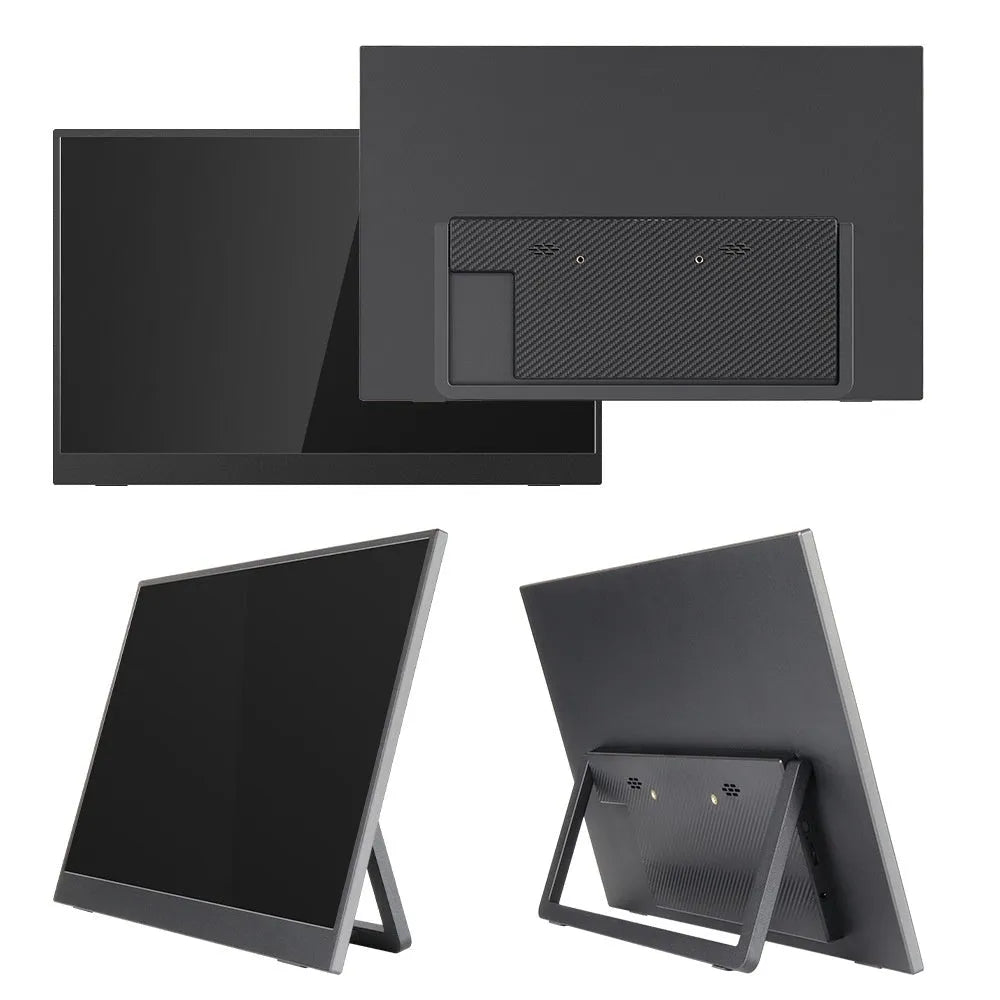 Black 15.6-inch portable computer monitor with adjustable stand on a desk, showing a spreadsheet application.