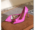 Pink patent leather women's stiletto heels with pointed toe and buckle closure on different heel heights
