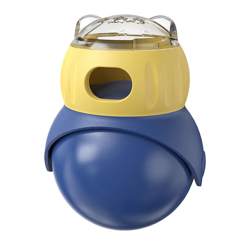 Yellow and blue owl-shaped tumbler puzzle feeder for cats with sliding ball treat mechanism
