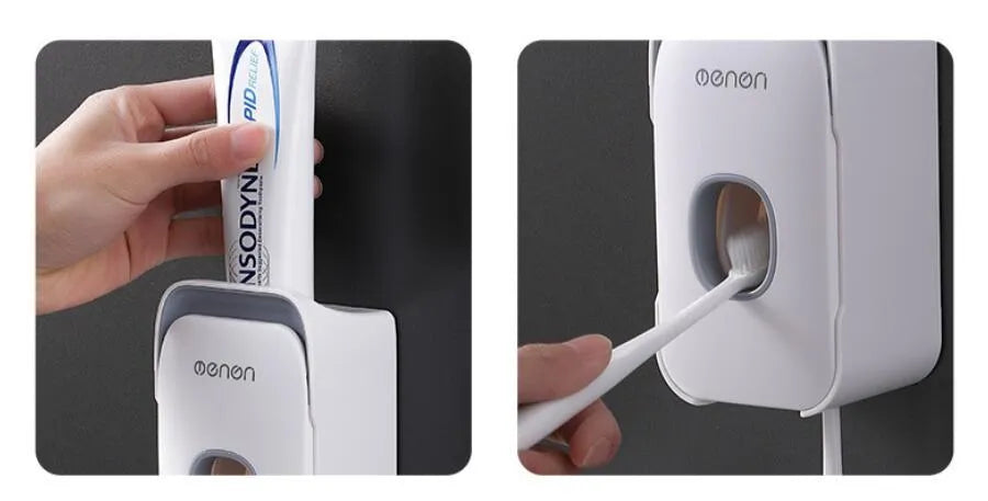 Automatic wall-mounted toothpaste dispenser in blue colour on a bathroom wall.