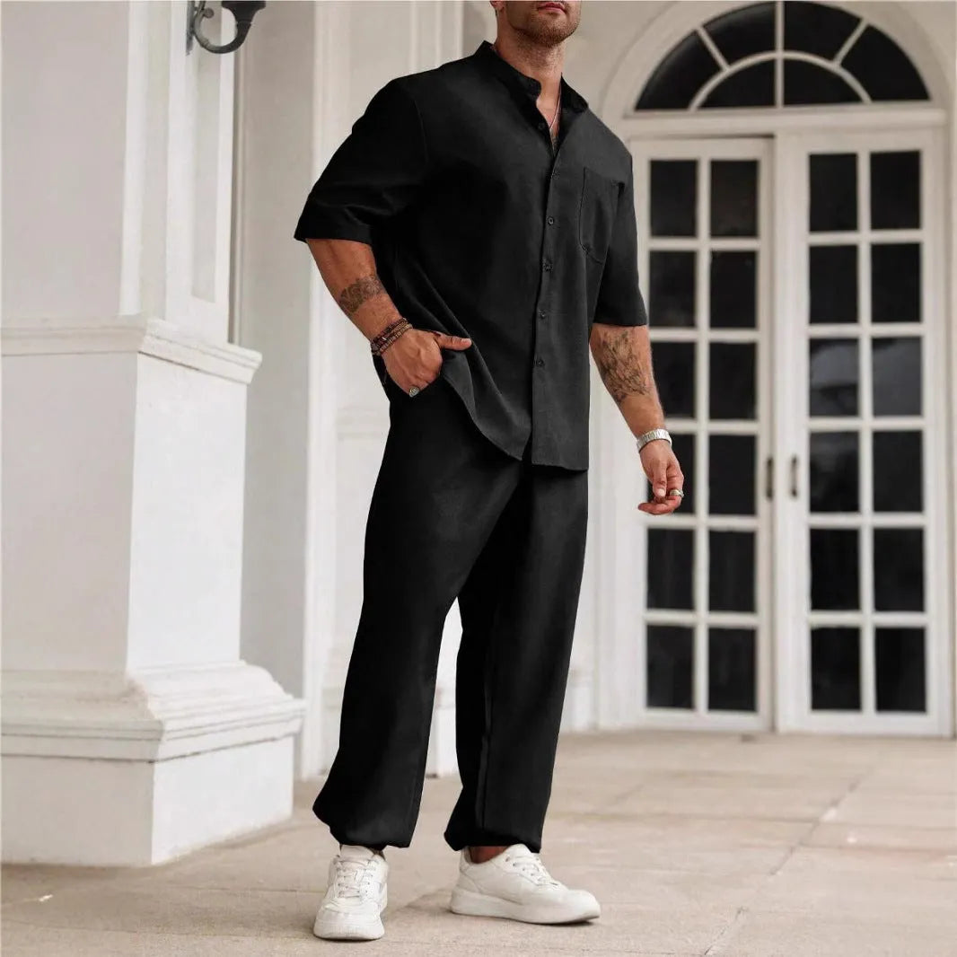 Men's casual cotton linen short-sleeved shirt and trousers set in spring colours