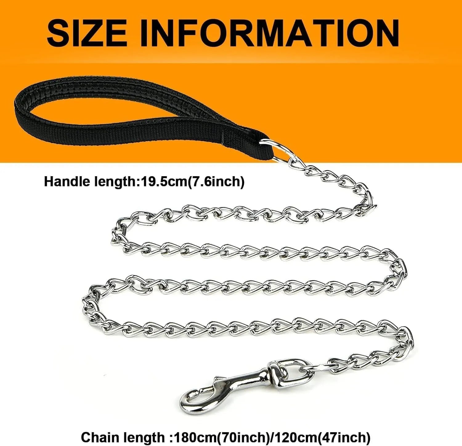 Heavy duty metal chain dog leash with a soft black padded handle, shown in red blue and black colours.