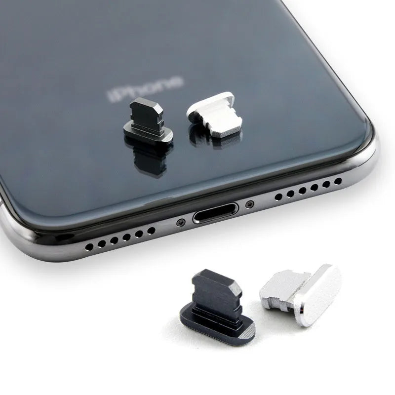 Aluminium alloy dust plug for iPhone charging port in gold, silver, blue, red, grey, black, and rose gold colours.