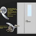 Stainless steel fire door push lock with external handle on a baked paint door
