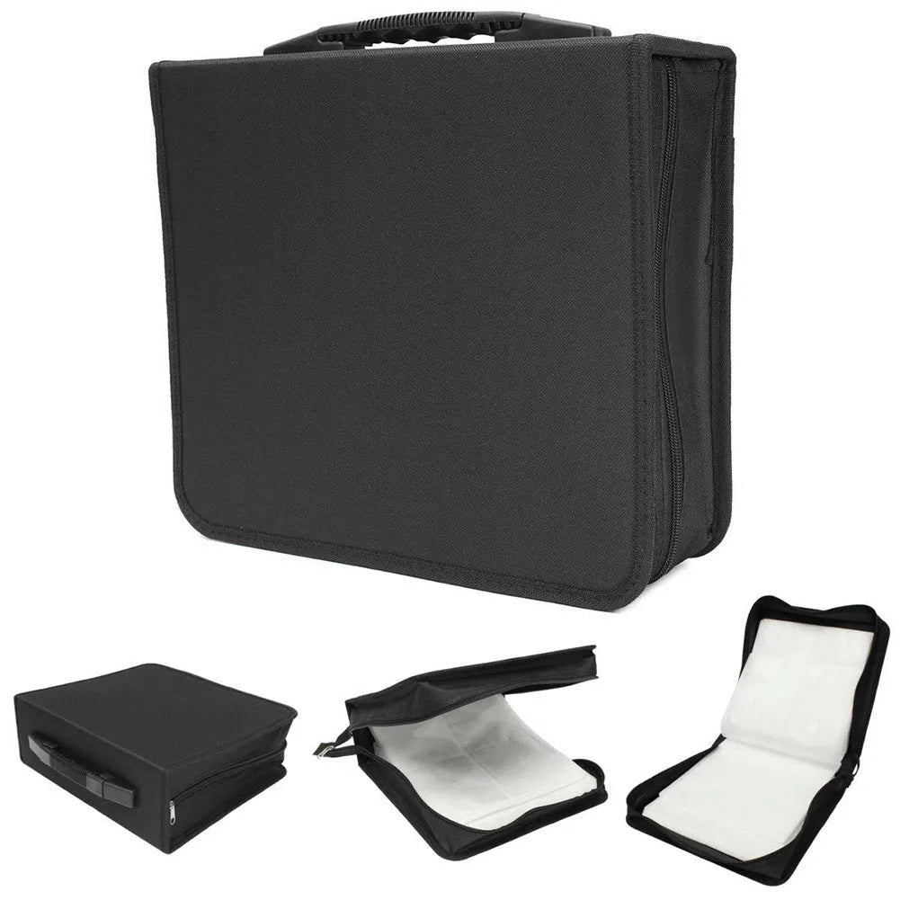Black Oxford fabric CD DVD storage binder organiser with zipper and top carry strap.