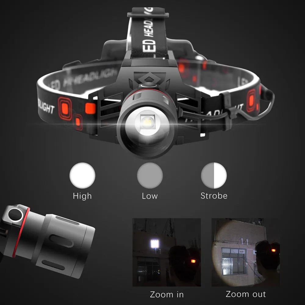 T6 LED headlamp with zoomable lens showing white, green and red light modes on headband