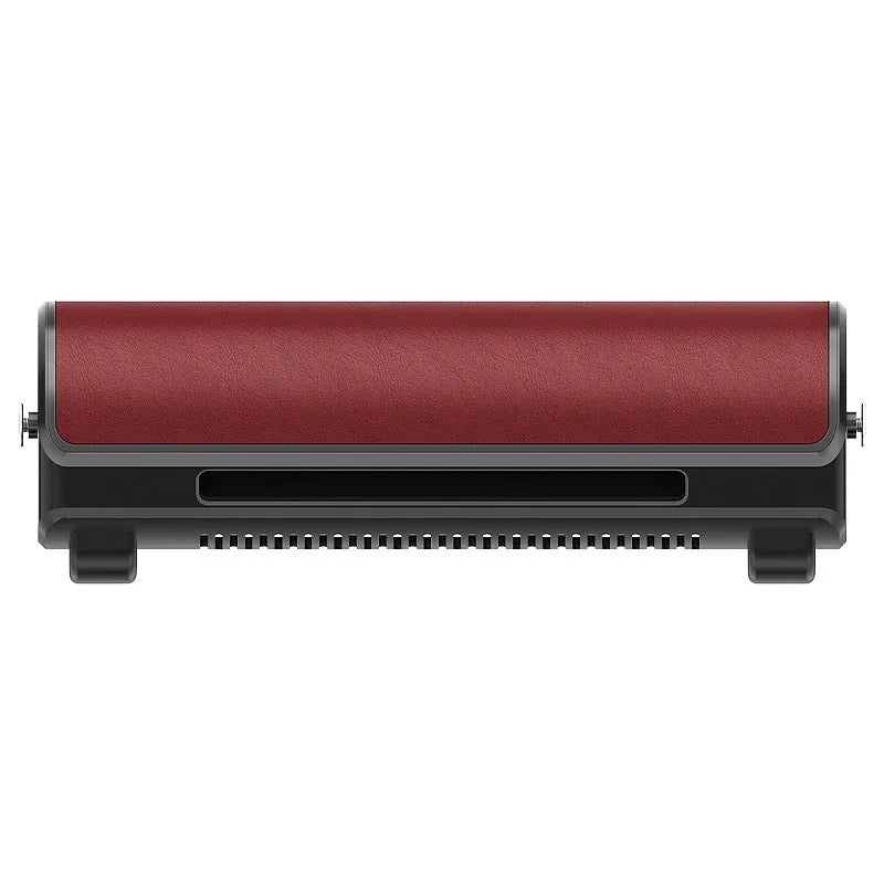USB car-mounted rear seat fan with long black cable, shown in black, brown, and red colour options next to a car seat.