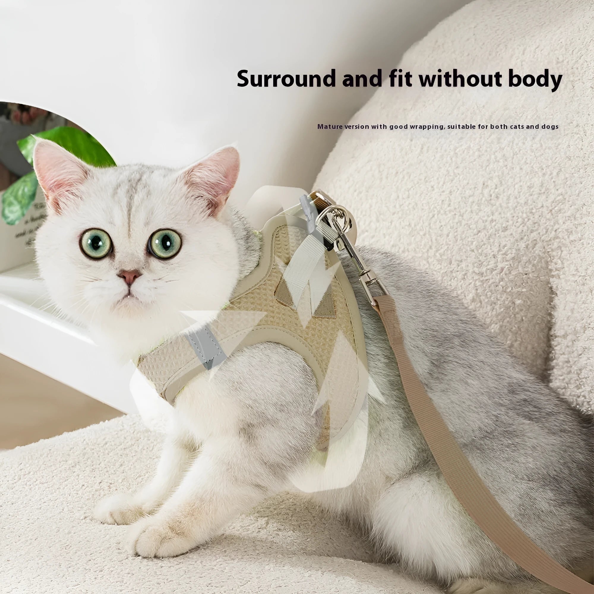 Brown cloth cat harness with chest strap and waffle texture, shown with size options