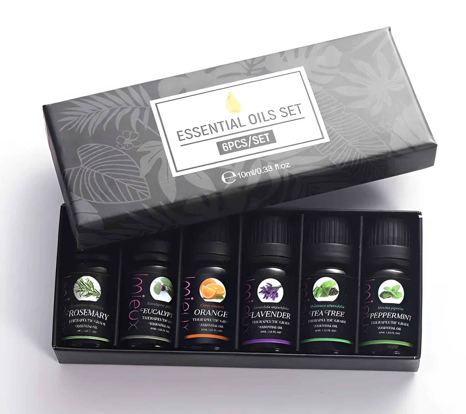 Six 10ml essential oil bottles in a row – tea tree, mint, sweet orange, eucalyptus, rosemary, lavender