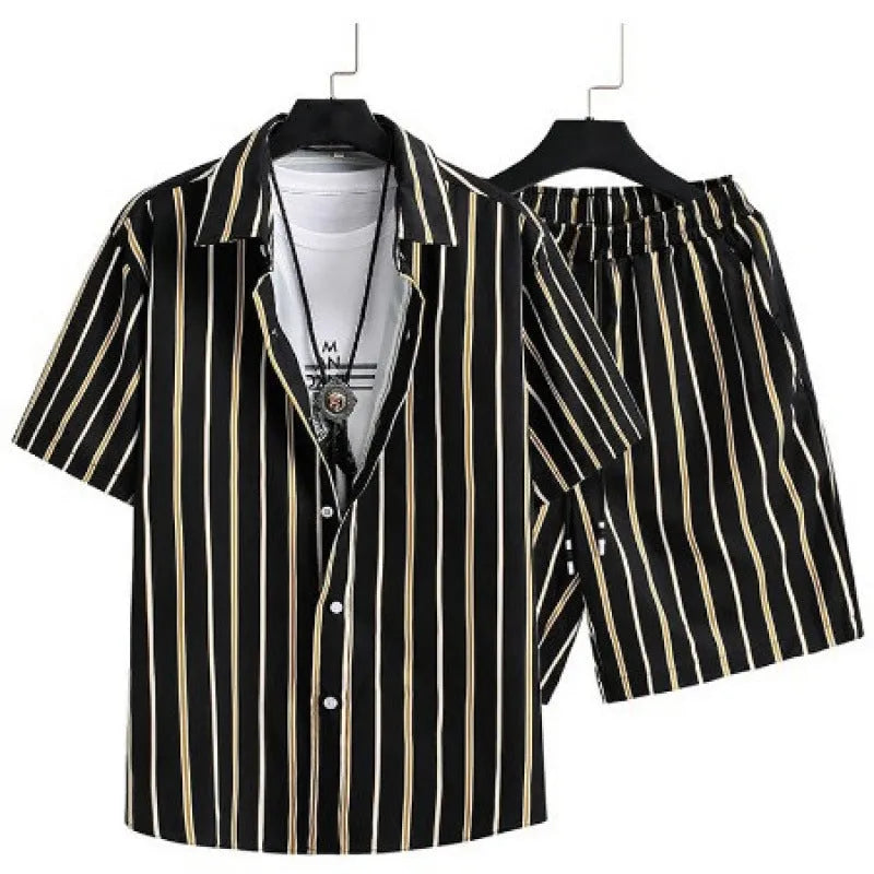 Men's digital print cardigan suit set with short sleeve shirt and matching shorts