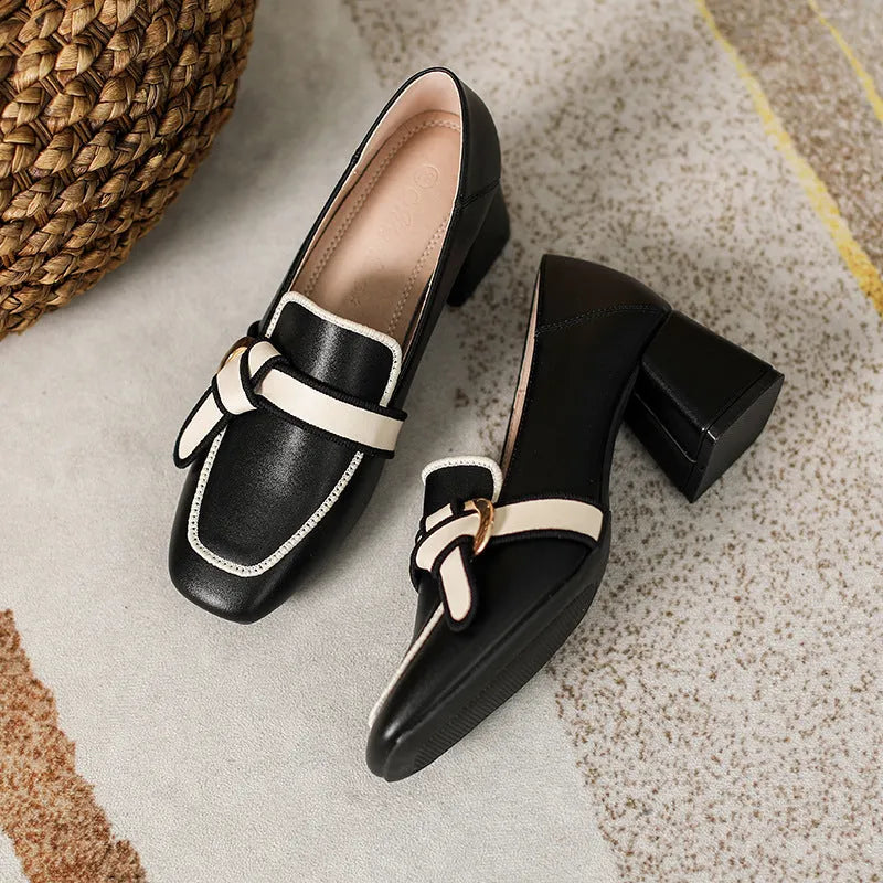 Women's slip-on loafers in apricot with smooth synthetic PU upper, bow design, square toe, and mid heel