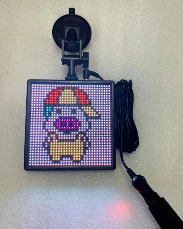 Bluetooth wireless LED car display screen with aluminium frame showing colourful animation projection