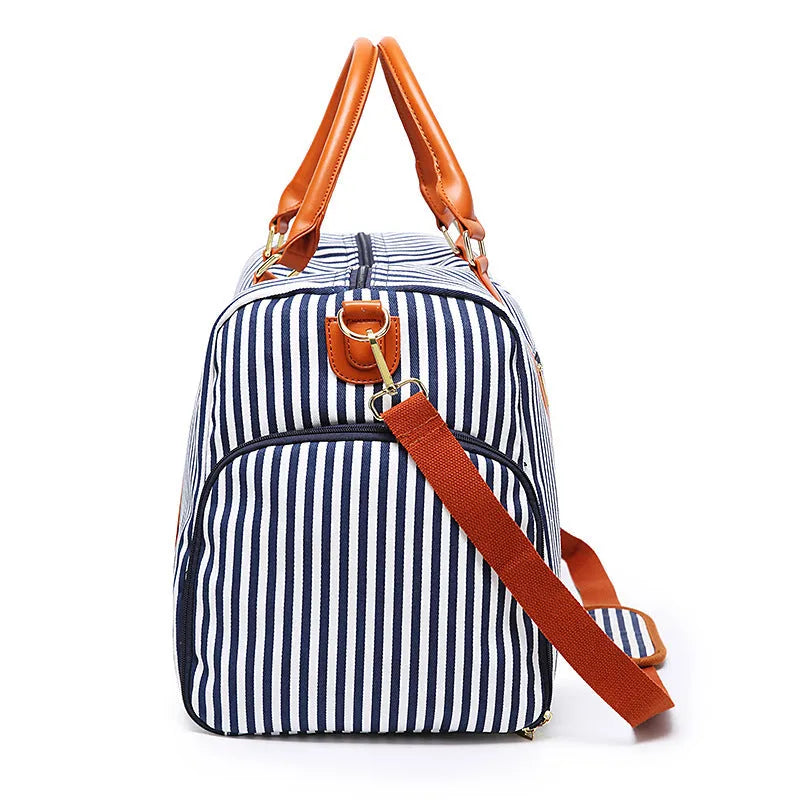Large canvas striped contrast colour travel duffel bag with zipper closure and polyester lining