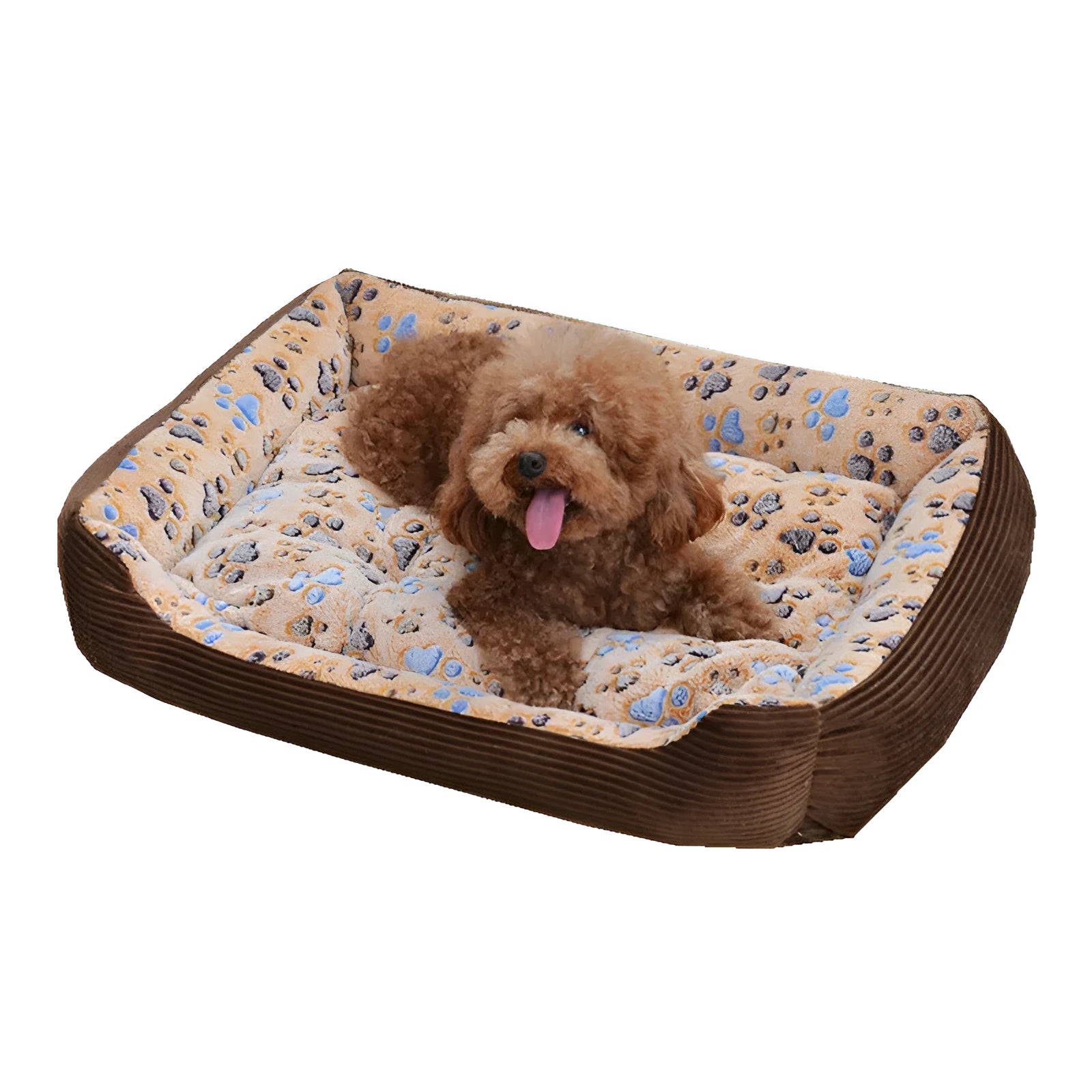 Beige plush dog bed with removable cover on a wooden floor, shown next to a small dog.
