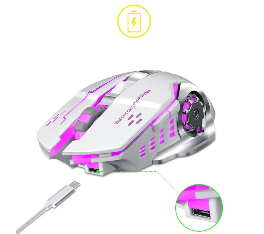 Black wireless mouse with six buttons showing wireless charging capability and silent click design