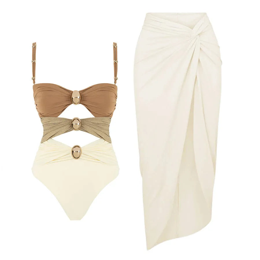 Women's solid colour one-piece swimsuit with gold buttons and matching skirt in black, blue, brown, or pink options