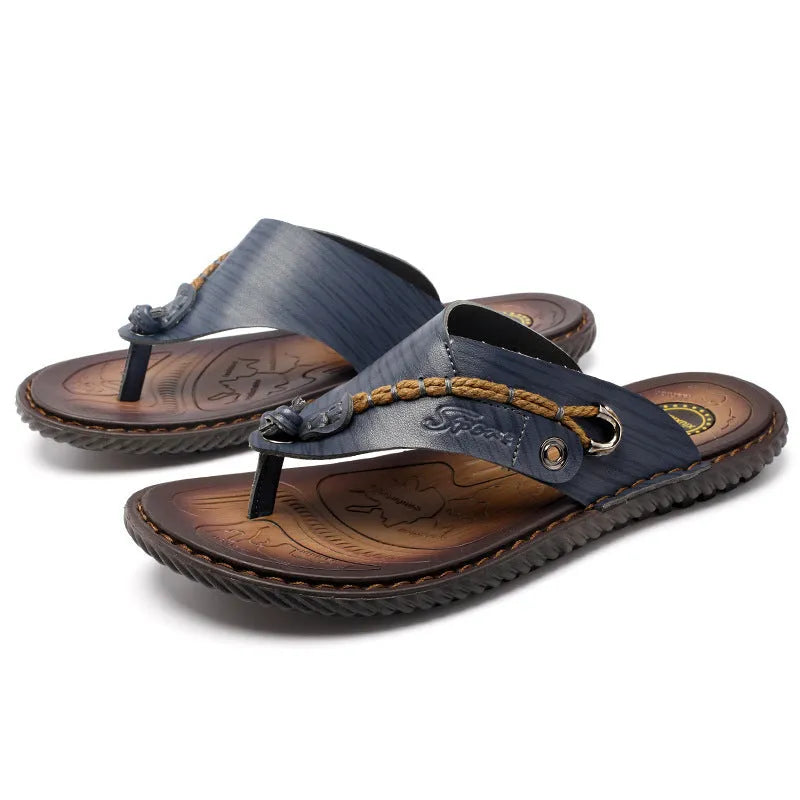 Men's plus size herringbone outdoor slippers in dark blue and khaki with rubber sole and leather lining