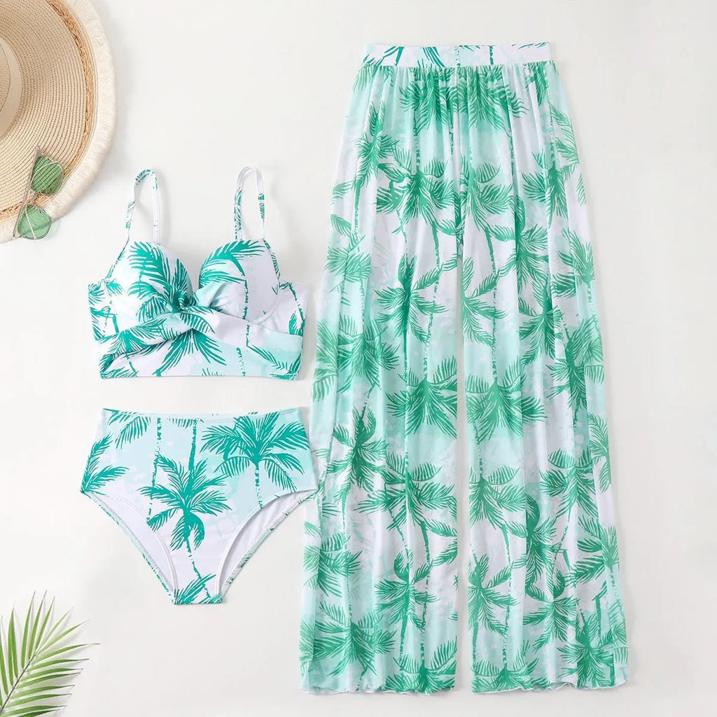 Women's bikini three-piece set in quick-dry polyester with spandex lining, split design, emerald green colour