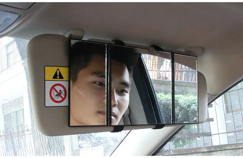 Silver car folding makeup mirror shown closed and open with dimensions 15.5x14cm and 30.5x14cm