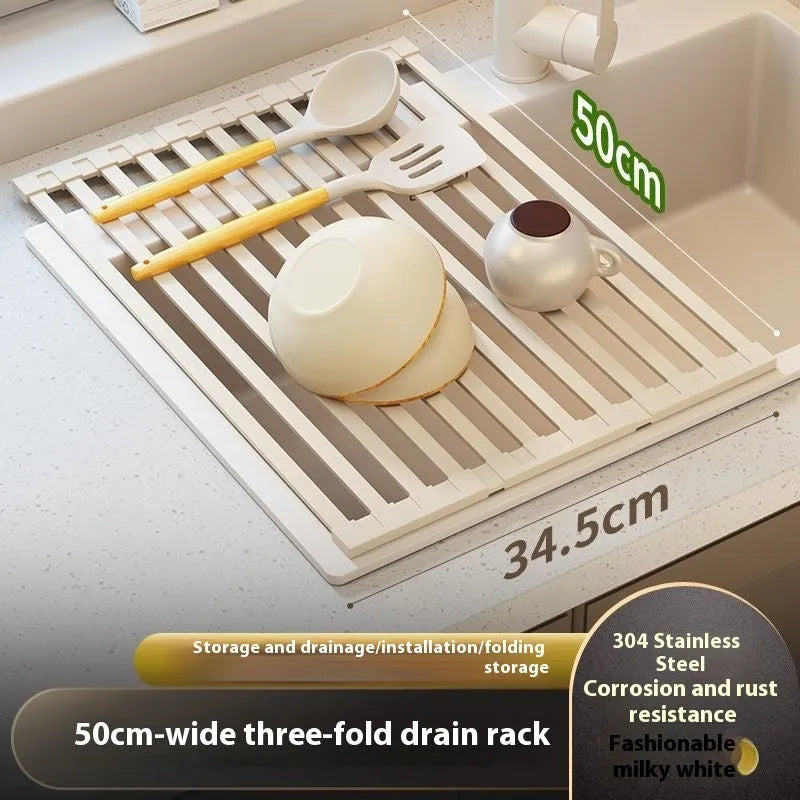 Milky White foldable stainless steel kitchen draining rack shown folded and unfolded.
