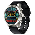 Smart watch with Bluetooth calling on wrist, showing music display and choice of steel or leather strap.