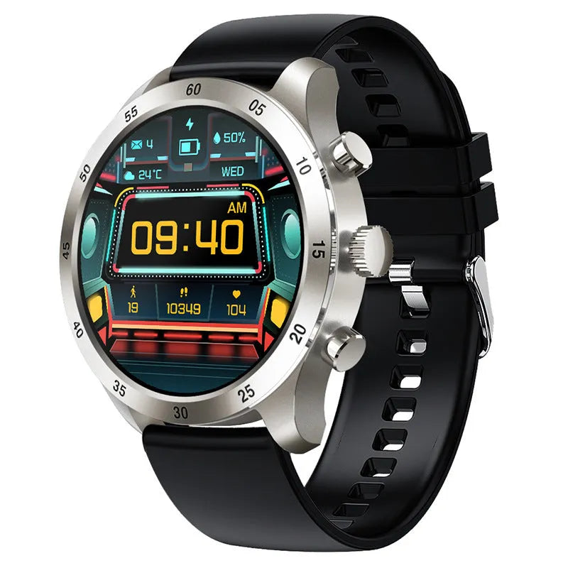 Smart watch with Bluetooth calling on wrist, showing music display and choice of steel or leather strap.