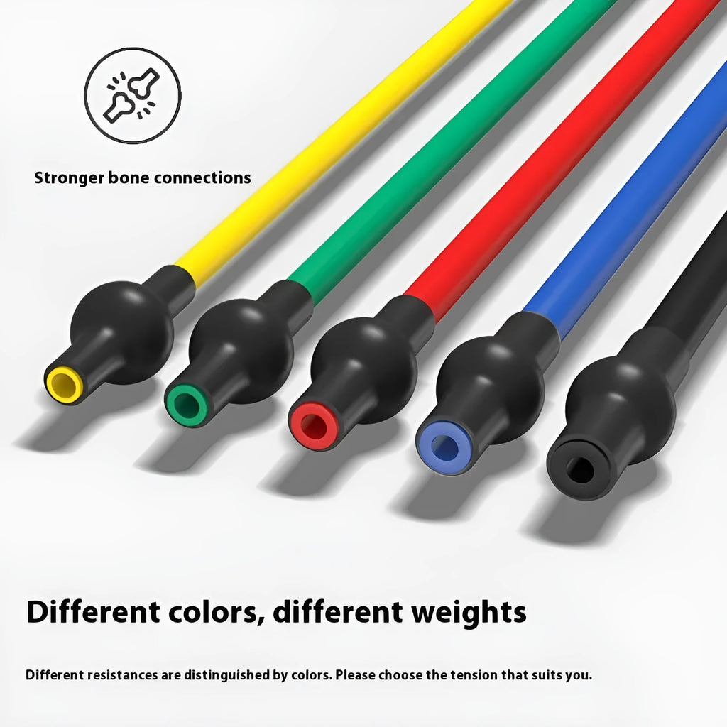 Colour-coded adjustable chest expander TPE fitness rope on yellow, green, red, blue, black backgrounds.