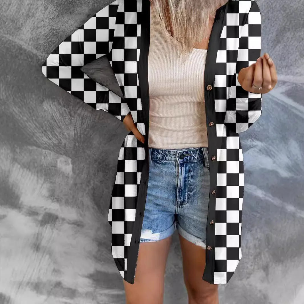 Women's long grey plaid knitted cardigan coat with loose fit and regular sleeves on a model.