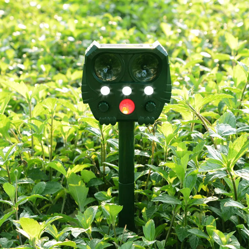 Green solar-powered ultrasonic animal repeller with LED strobe lights for outdoor dog and pest control