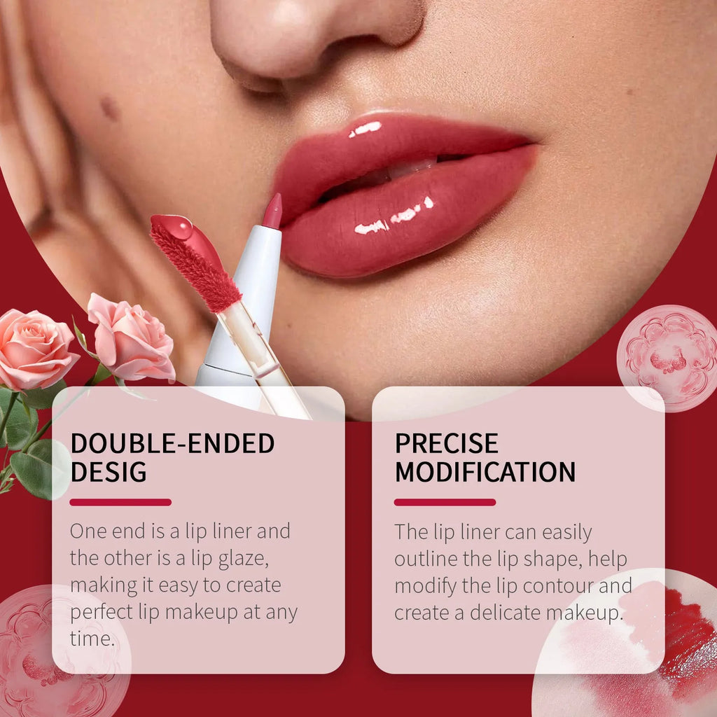 Double-headed lip liner and lip lacquer pen with three matte colour options