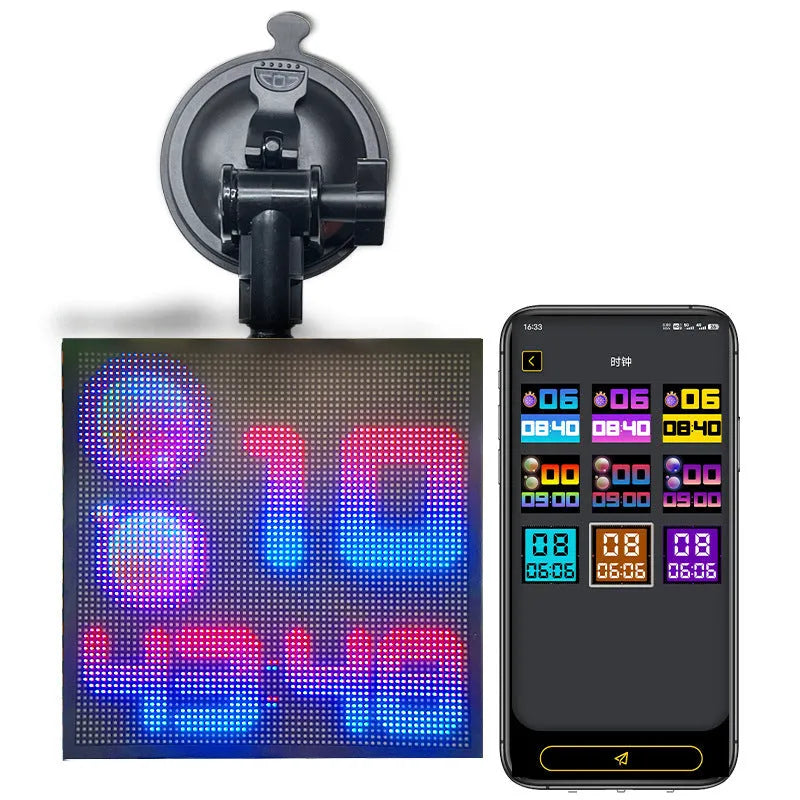 Bluetooth wireless LED car display screen with aluminium frame showing colourful animation projection