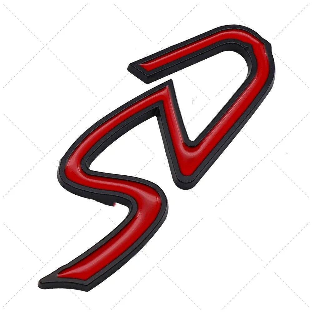 Metal decorative car sticker showing SD and D patterns in red and silver colour options on a white background.