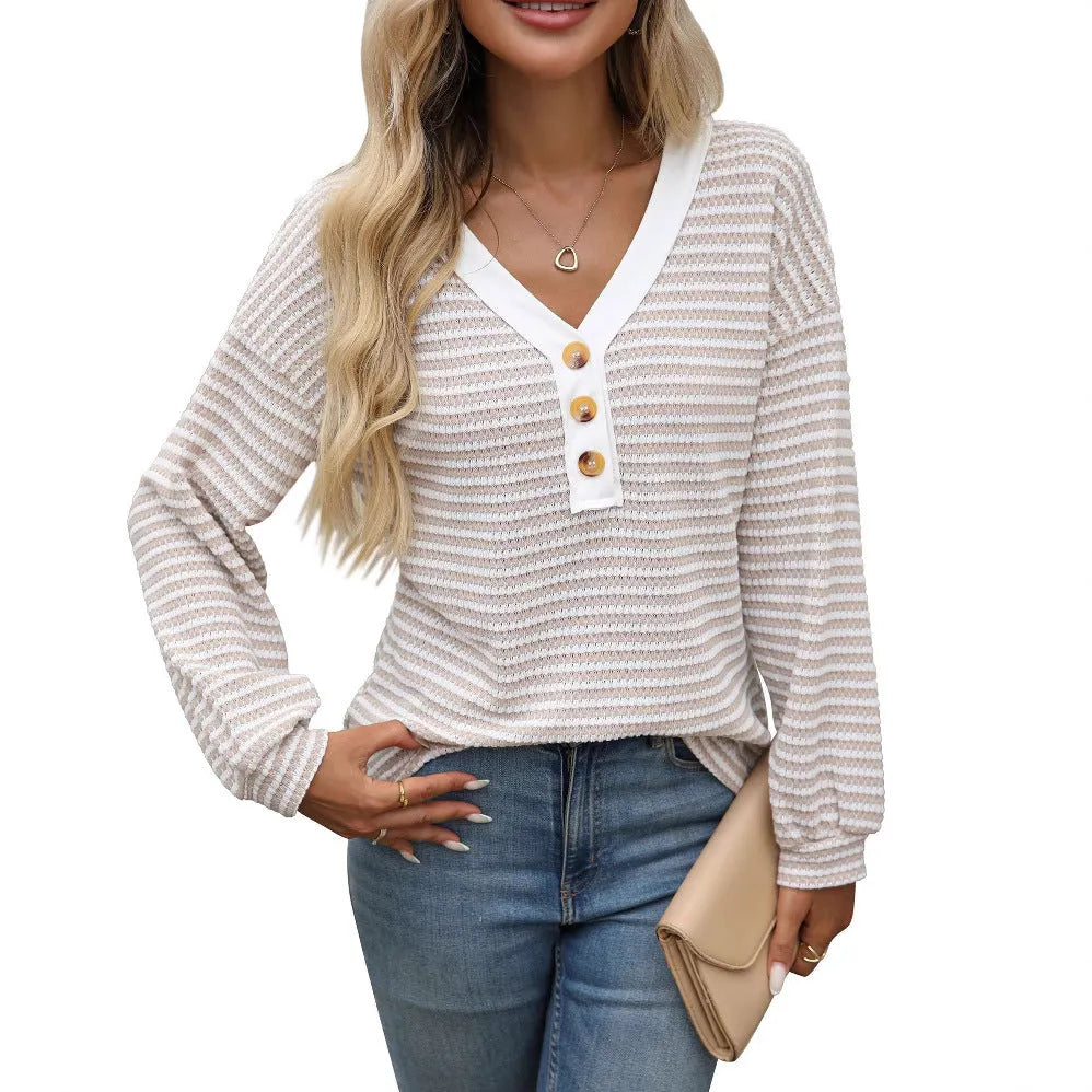 Women's loose fit V-neck patchwork pullover top in polyester imitation cotton fabric.