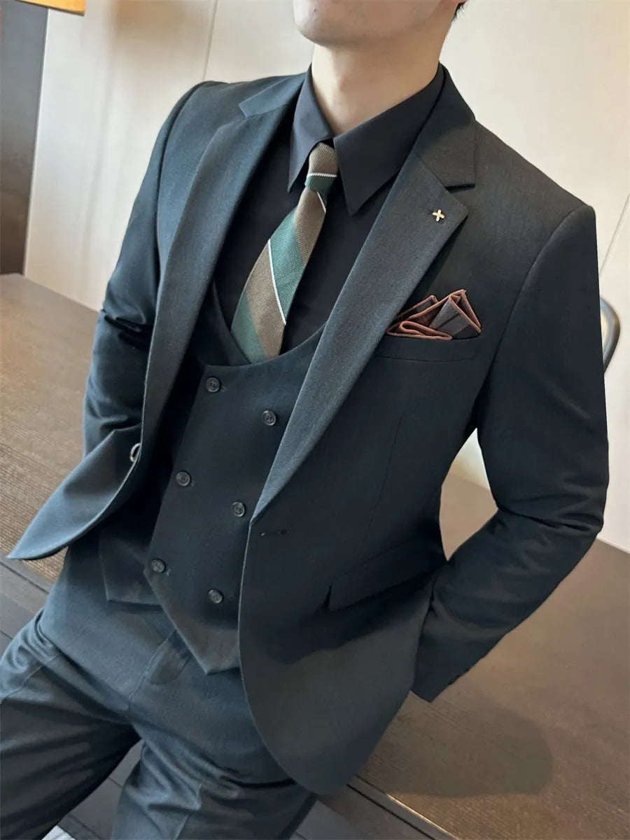 Men's slim fit business suit in dark green, brown, or camel colour, made from chemical fibre blend fabric.