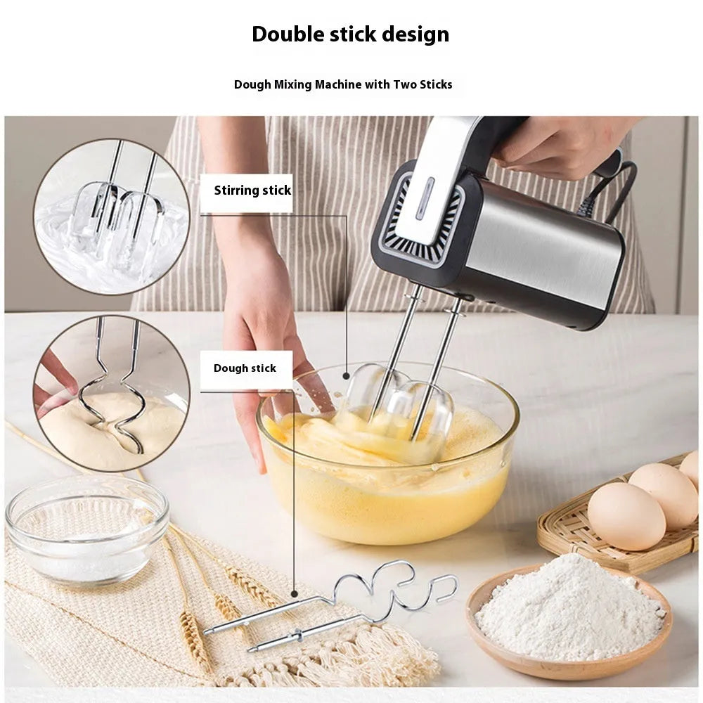 Silver handheld electric whisk with stainless steel beaters and five-speed control dial.