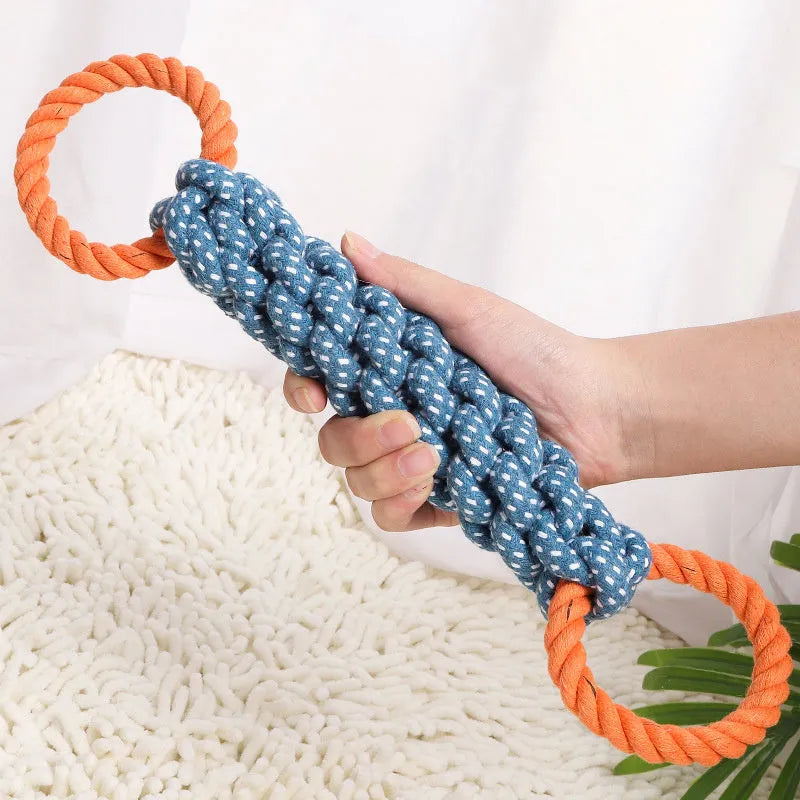 Blue double-ring cotton knot dog toy on white background, 37cm long