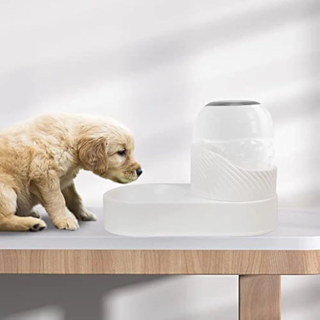 White automatic cat feeder and water dispenser set with wavy design, each bowl 33.5 cm long.