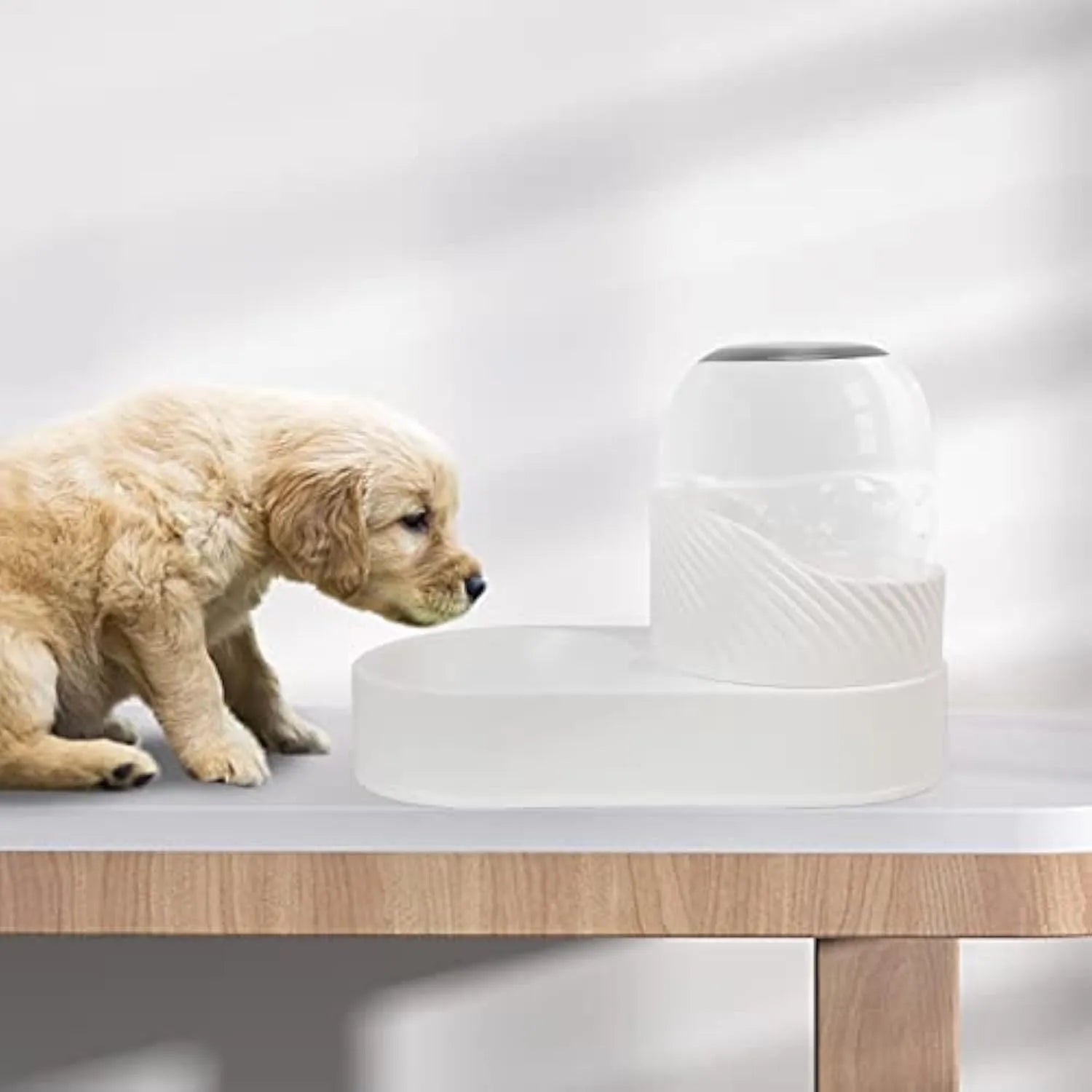 White automatic cat feeder and water dispenser set with wavy design, each bowl 33.5 cm long.