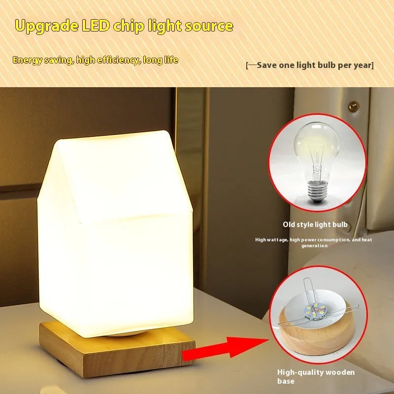 Nordic style solid wood USB table lamp in white, showing touch dimming and one of the geometric shape options.