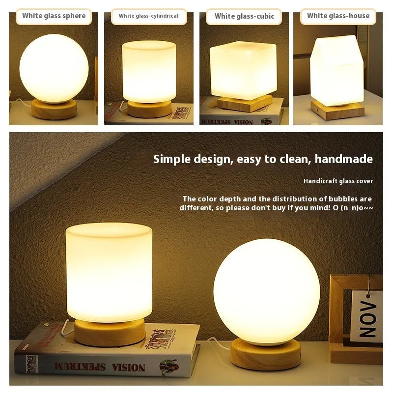 Nordic style solid wood USB table lamp in white, showing touch dimming and one of the geometric shape options.