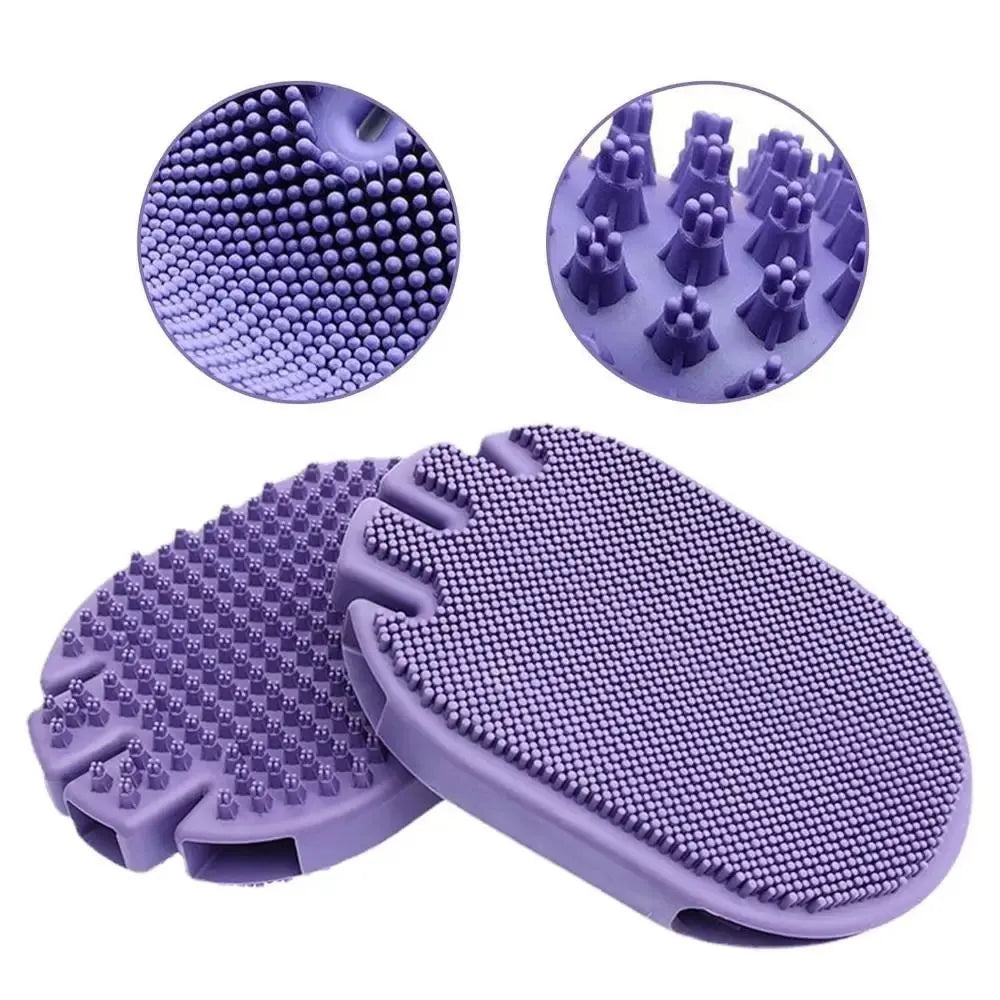 Purple massaging pet shampoo brush with soft TPR bristles, dual-sided dog grooming tool on white background