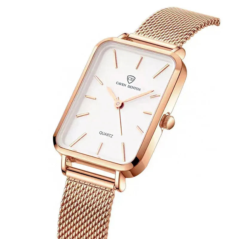 Womens waterproof watch with woven steel strap and alloy case in rose gold or silver