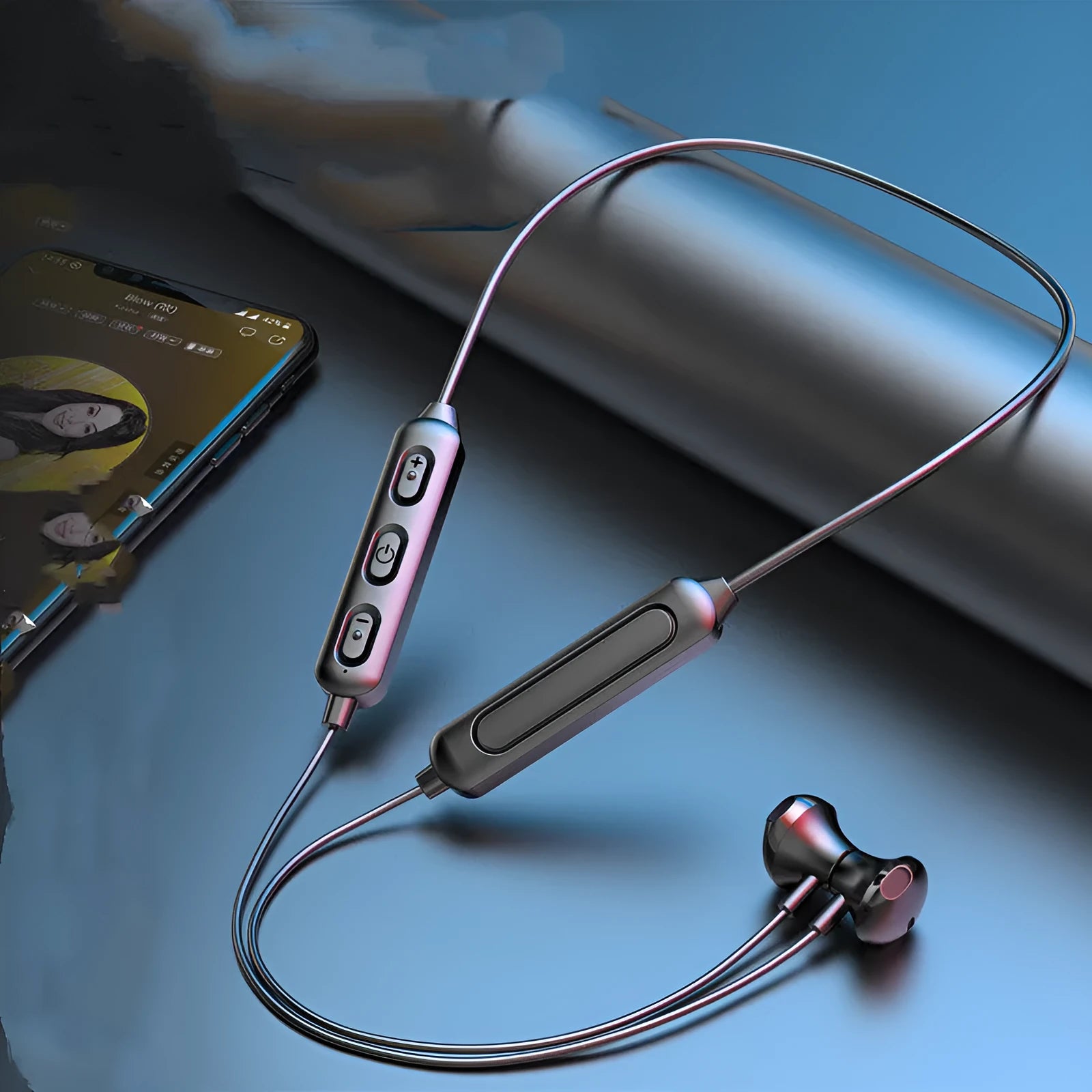 Black wireless sports earphones designed for neck mounting with custom logo printing area visible