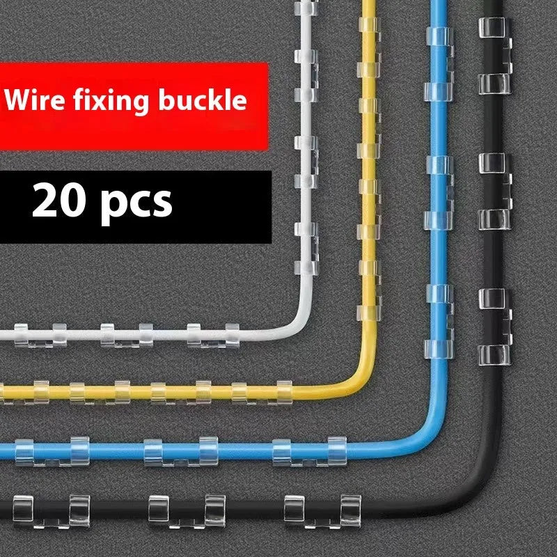Transparent self-adhesive plastic cable clips in small, medium, large, and extra large sizes for wire management.