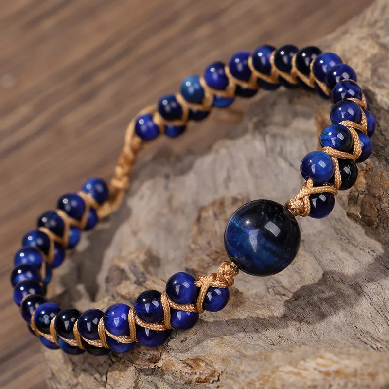 Handmade woven pull bracelet with geometric tigereye beads in blue or amethyst colour