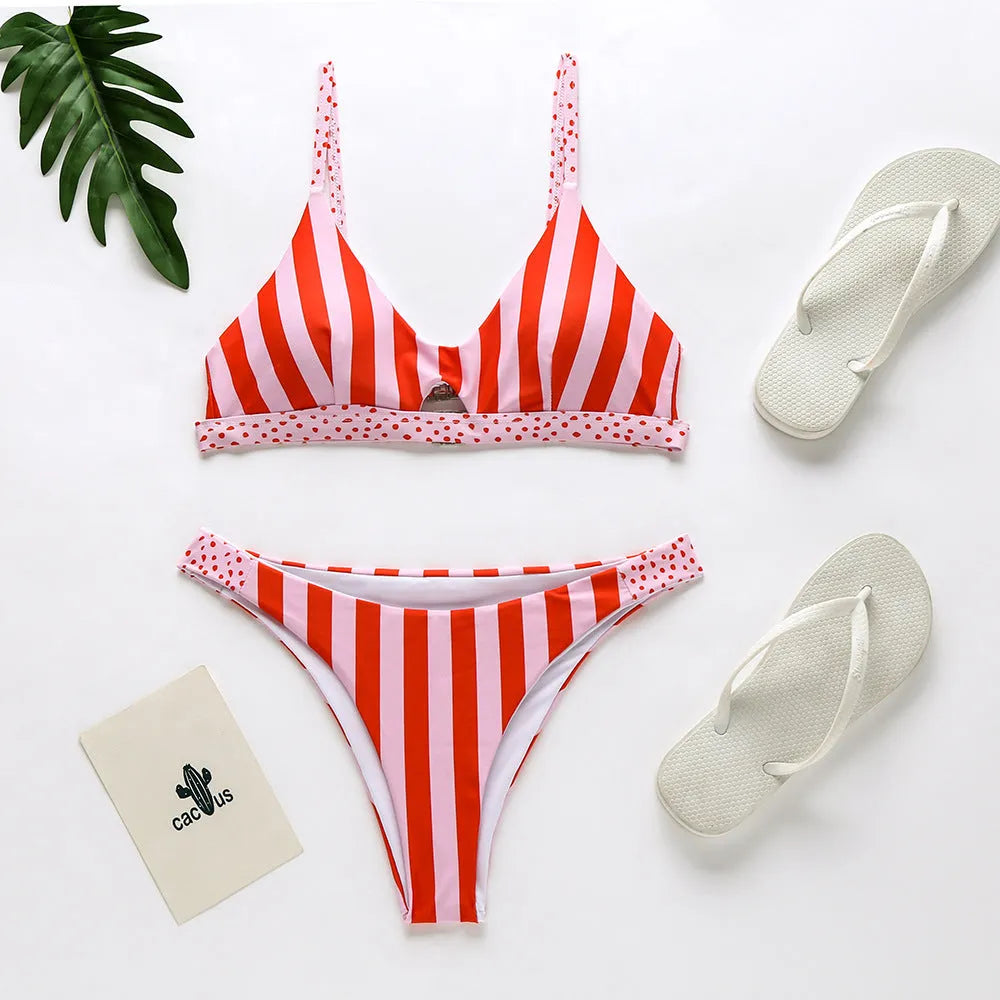 Women's polyester bikini in dot or stripe patterns with Asian fit sizing