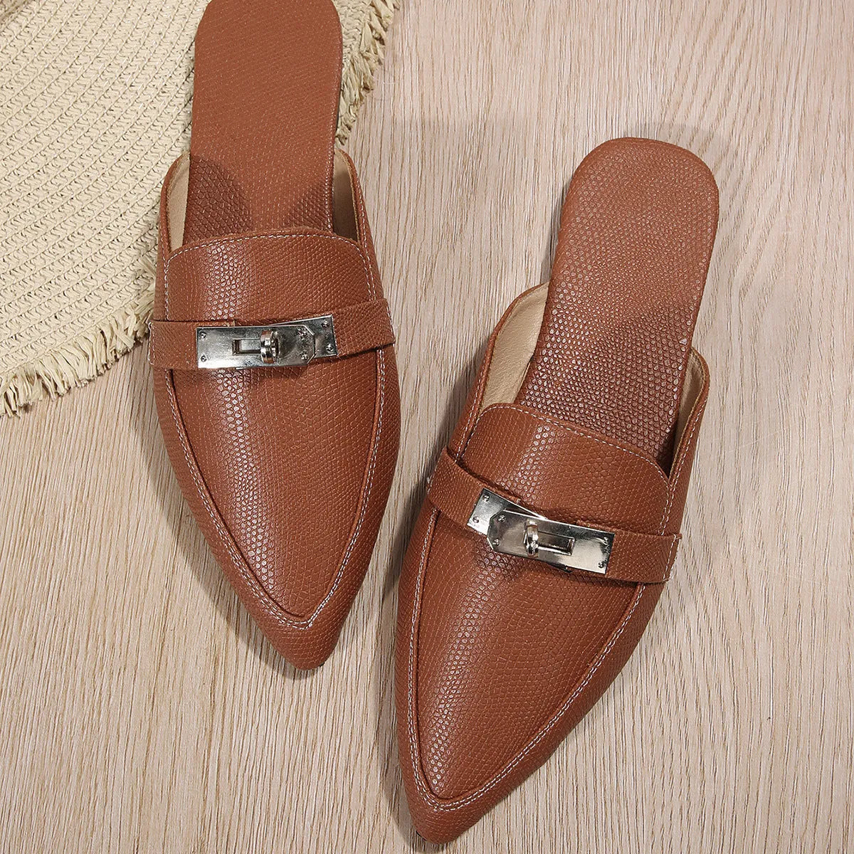 Light brown women's pointed-toe low heel slippers with PU upper and rubber sole