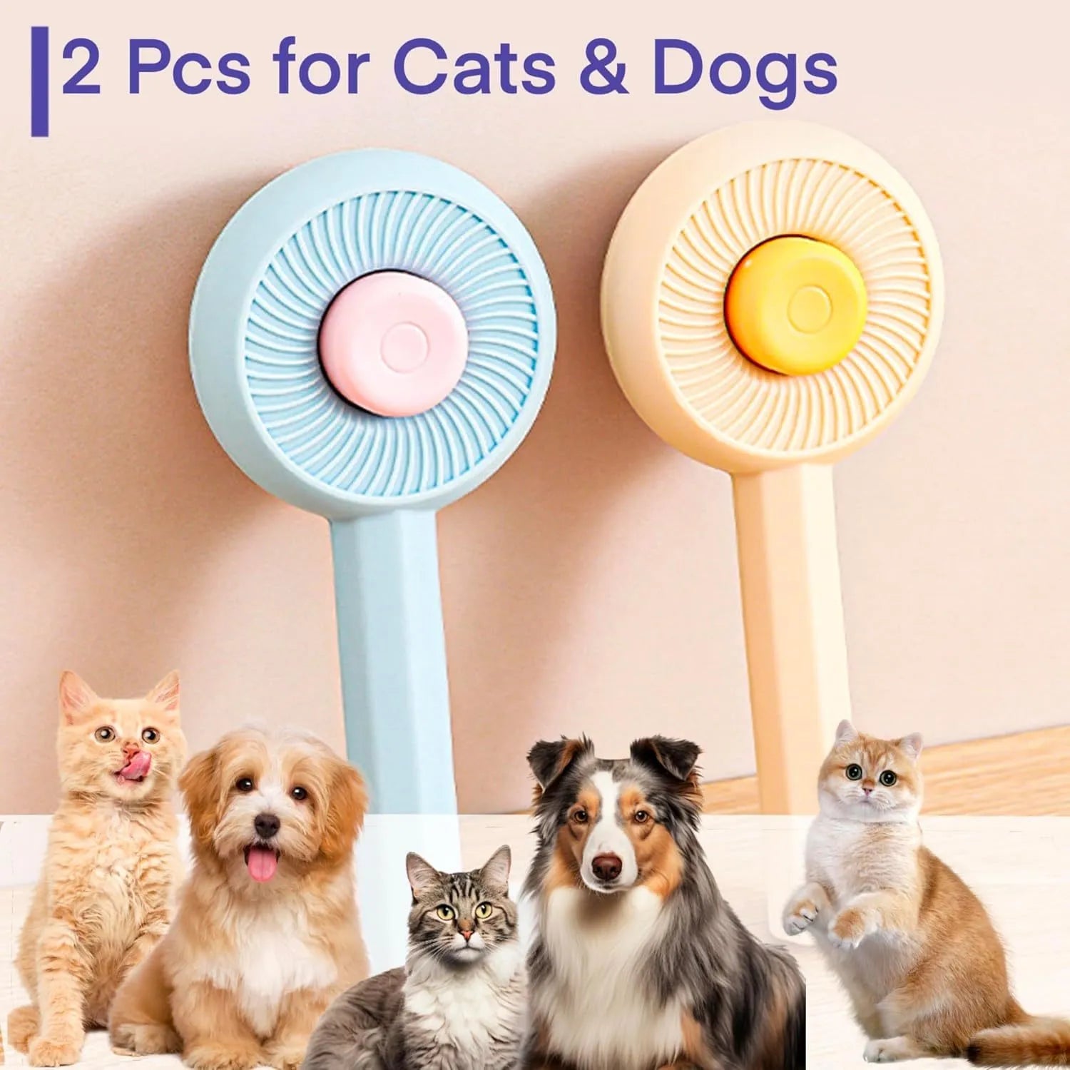 Blue and yellow pet grooming brush with metal pins and a self-cleaning button for cats and dogs.