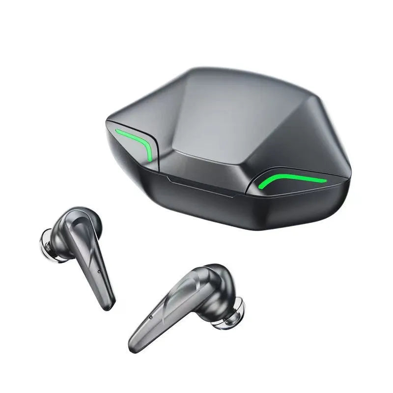 Wireless Bluetooth gaming headset with earpieces, USB charging cable, and compact rectangular charging case.
