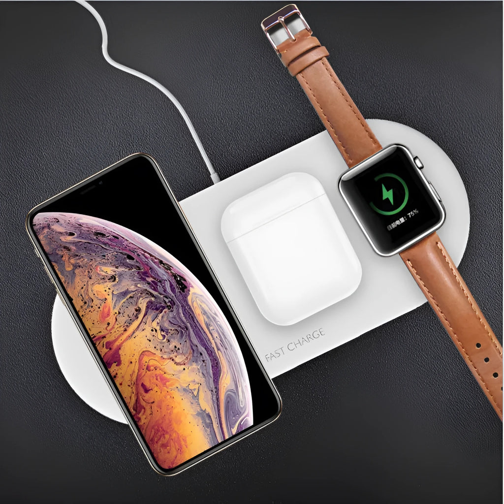 Black three-in-one wireless charging station for Apple Watch, iPhone and AirPods on a desk.